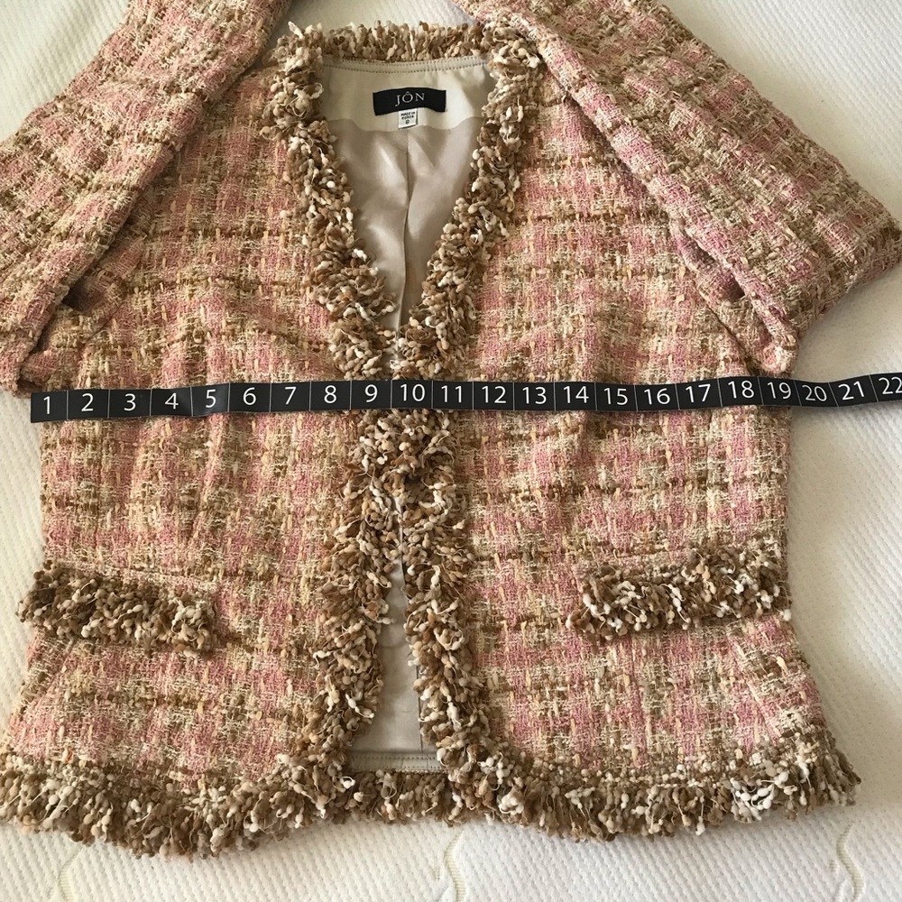 JON Designer Vtg Tweed Skirt Suit Pink Tan Bouclé Fringe Jacket 8 Nostalgic Rare - Picture 9 of 16